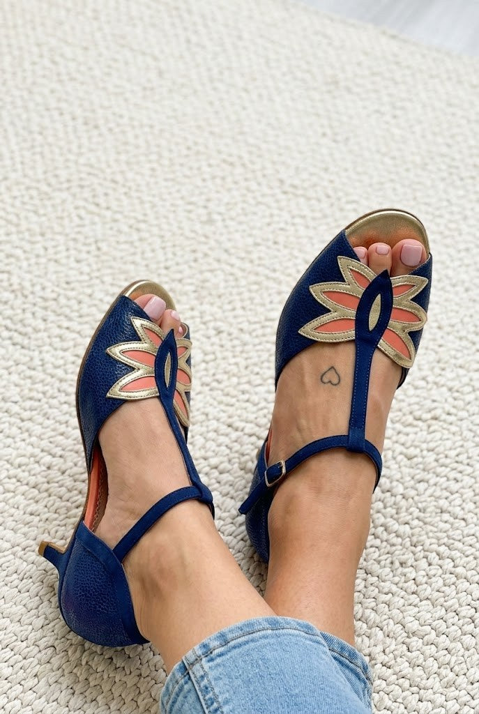 Navy Blue Petal Peep Toe T-Strap Kitten Heels [Pre Order]