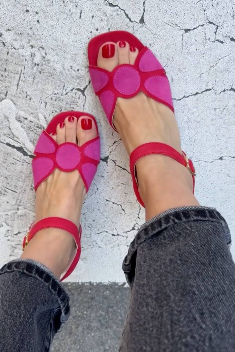 Geometric Square Toe Ankle Strap Pink Red Sandals [Pre Order]