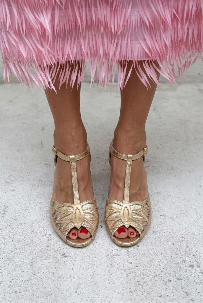 Metallic Gold Peep Toe T-Strap Gold Dress Heels [Pre Order]