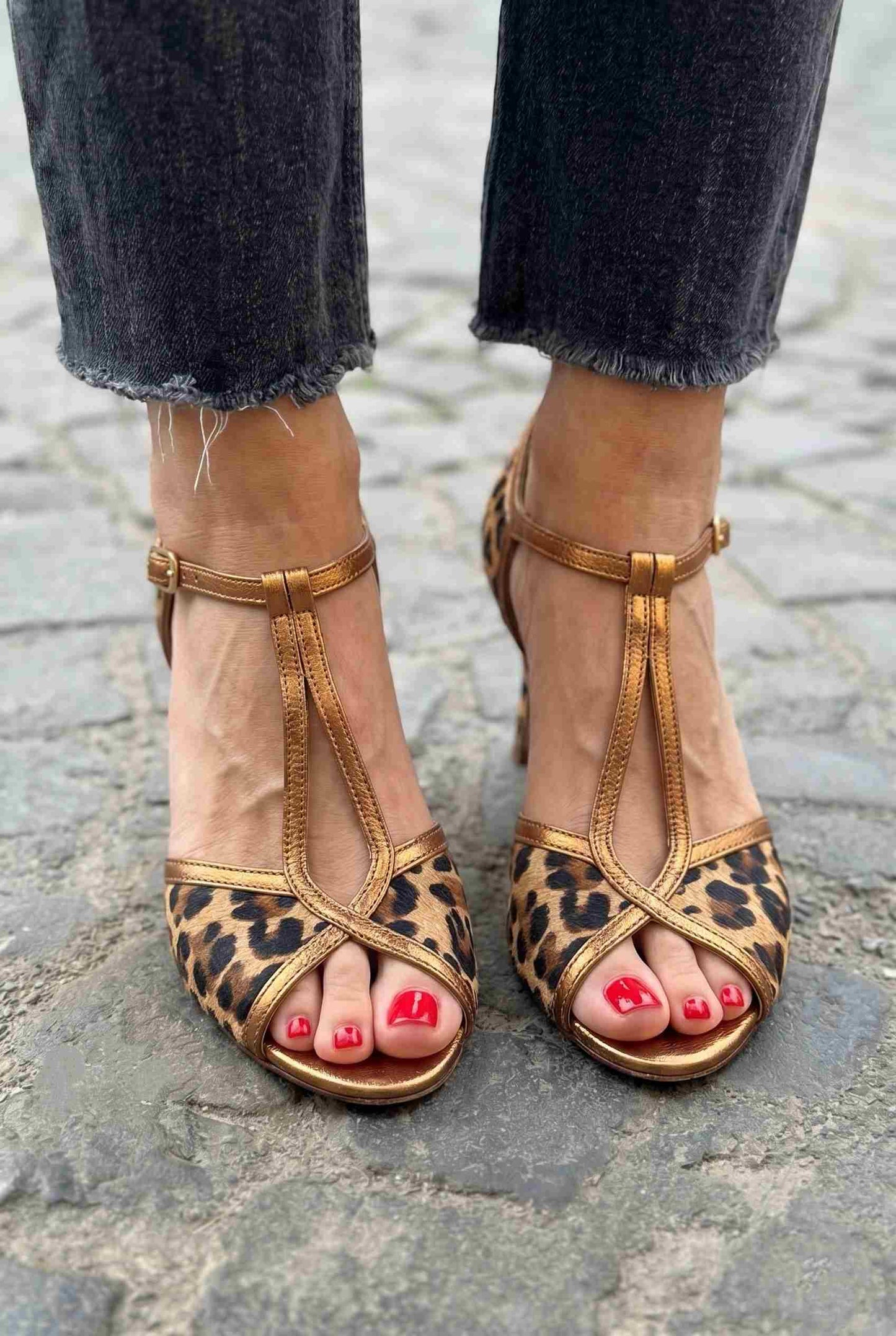 Leopard Print Peep Toe T-Strap Bronze Slim Heels [Pre Order]