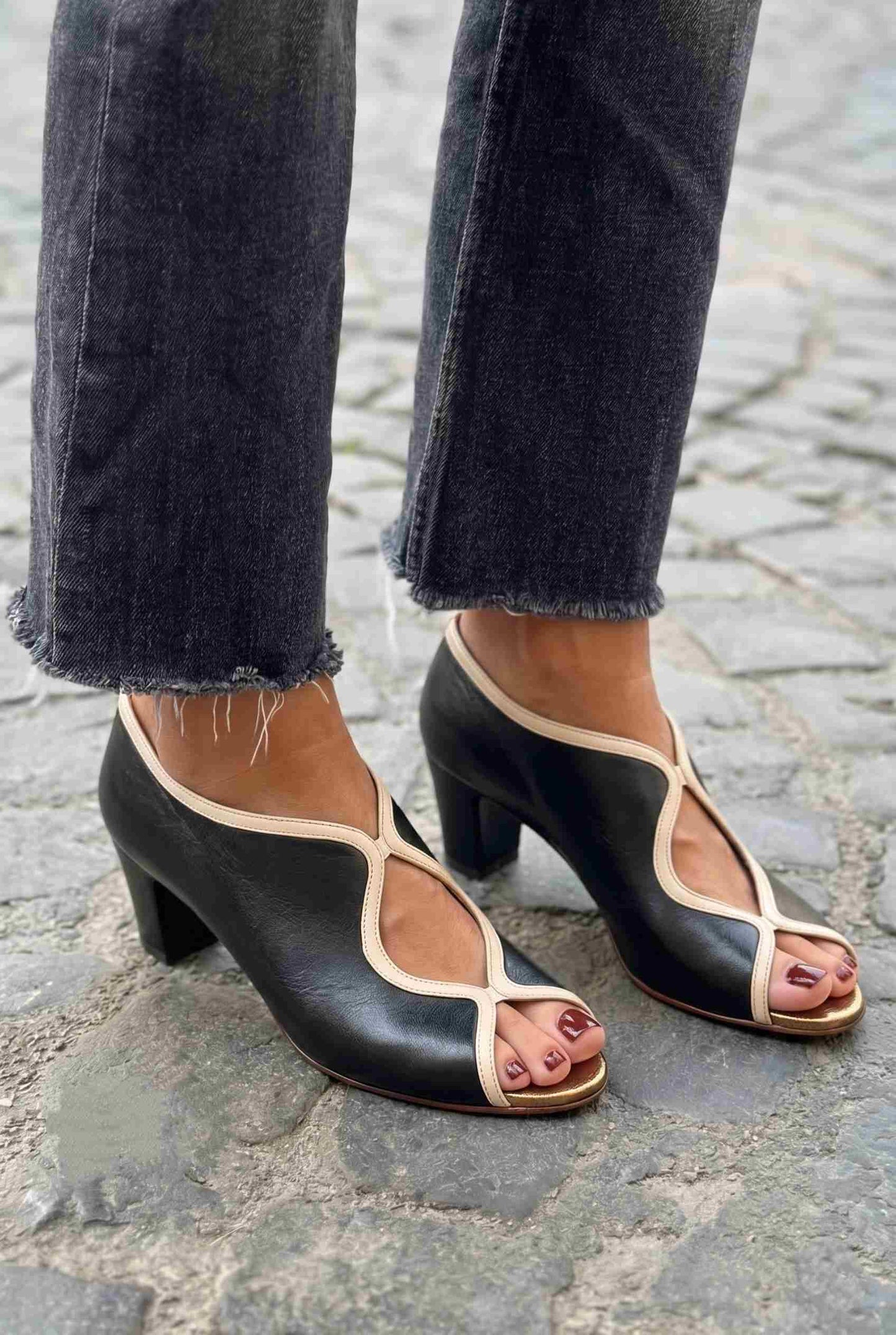 Vintage Cutout Peep Toe Pump Black Block Heels [Pre Order]