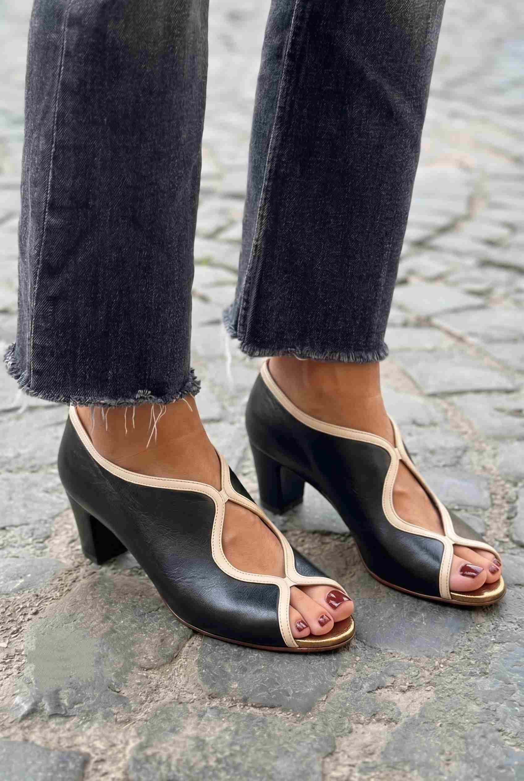 Vintage Cutout Peep Toe Pump Black Block Heels [Pre Order]