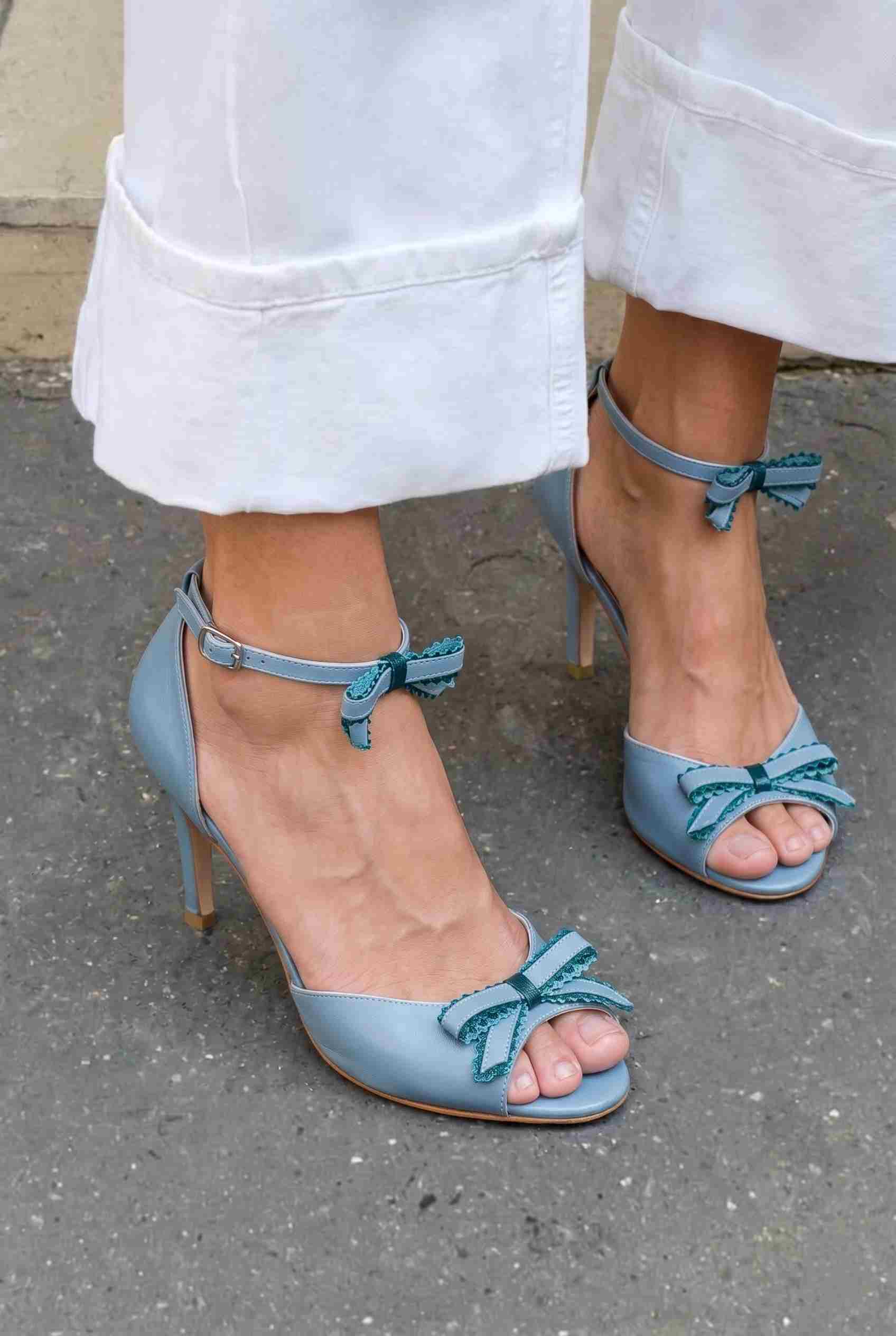 Lace Bow Peep Toe Ankle Strap Blue Stiletto Heels [Pre Order]