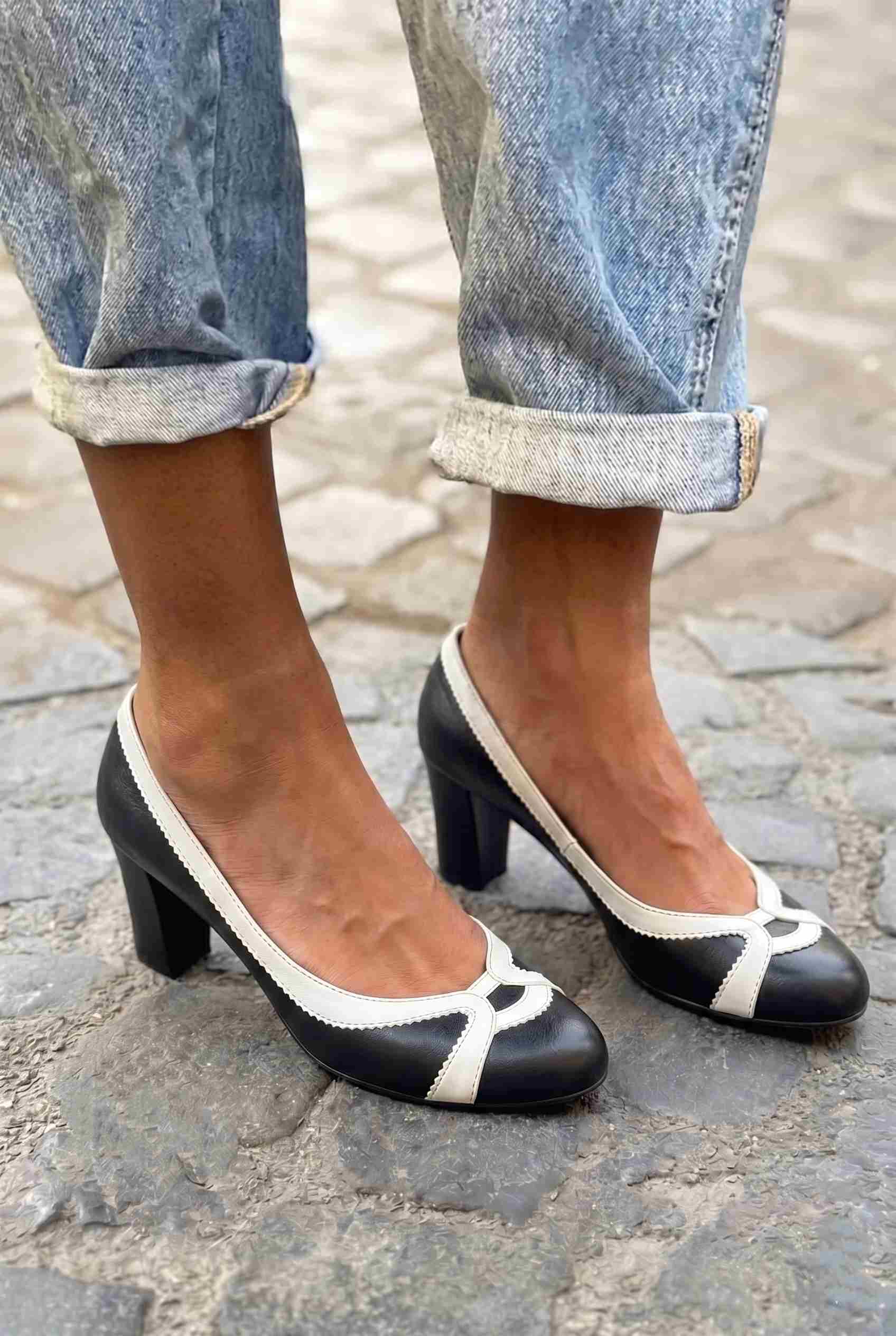 Vintage Round Toe Scalloped Black White Block Heels [Pre Order]