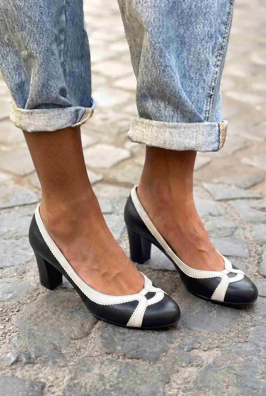 Vintage Round Toe Scalloped Black White Block Heels [Pre Order]