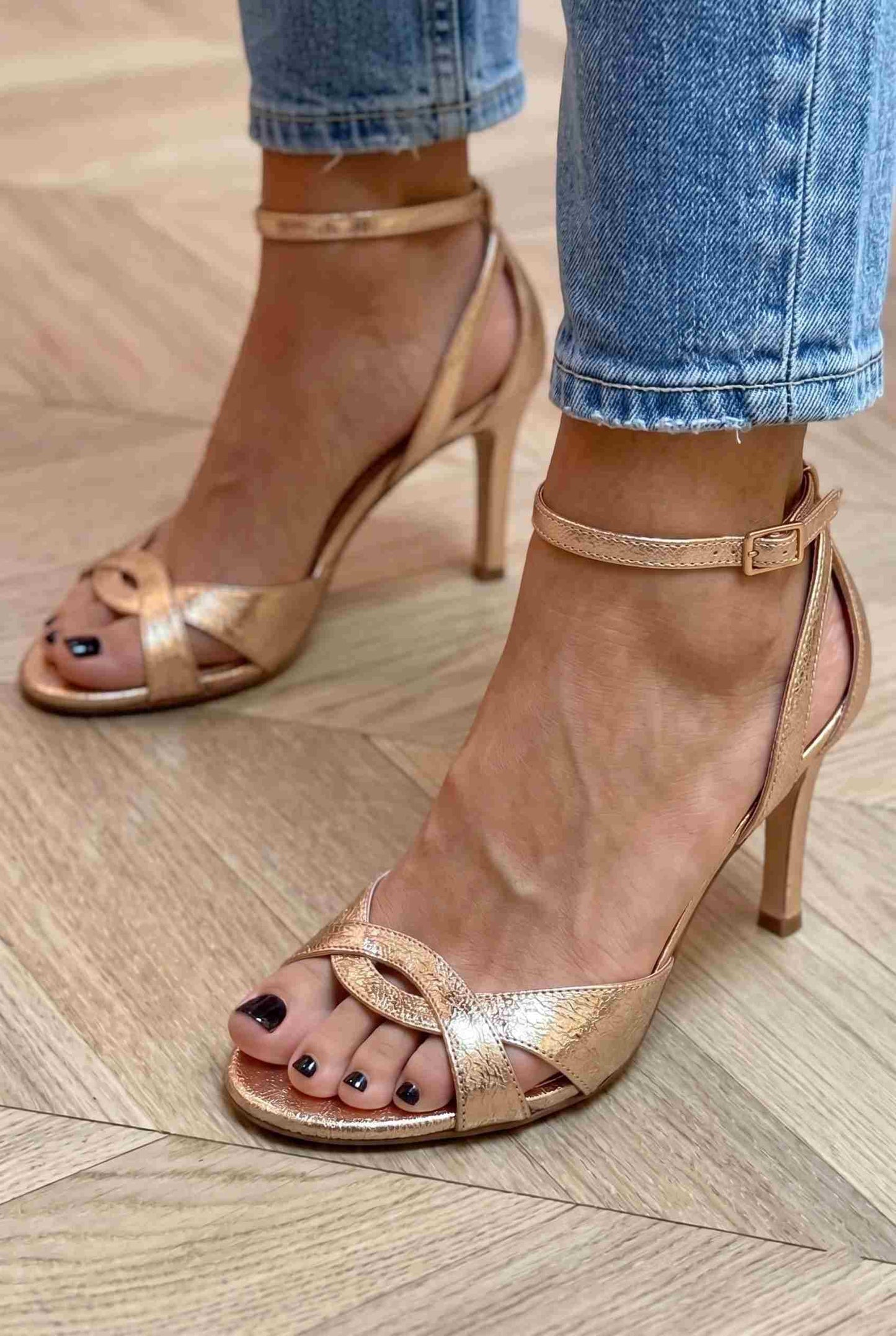 Metallic Peep Toe Strappy Rose Gold Stiletto Heels [Pre Order]