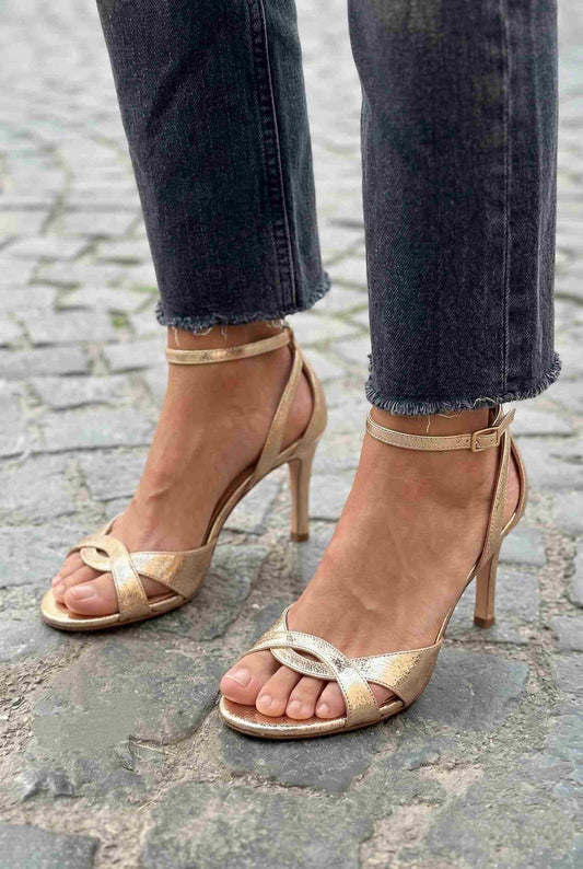Rose Gold Metallic Open Toe Ankle Strap Stiletto Heels [Pre Order]