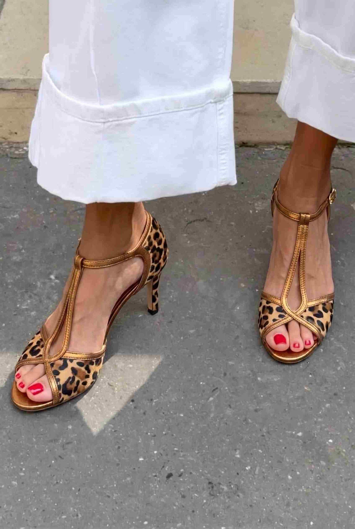 Leopard Print Peep Toe T-Strap Bronze Slim Heels [Pre Order]