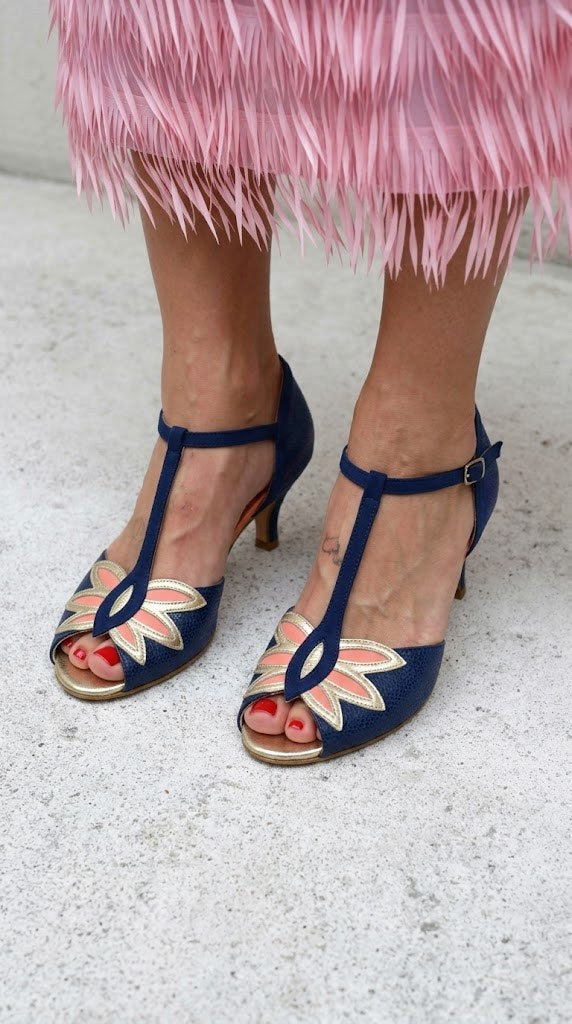 Navy Petal Peep Toe T-Strap Gold Kitten Heels [Pre Order]