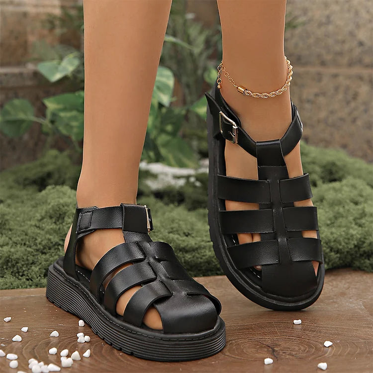Woven Solid Color Hollow Out T-Strap Buckle Round Toe Sandals