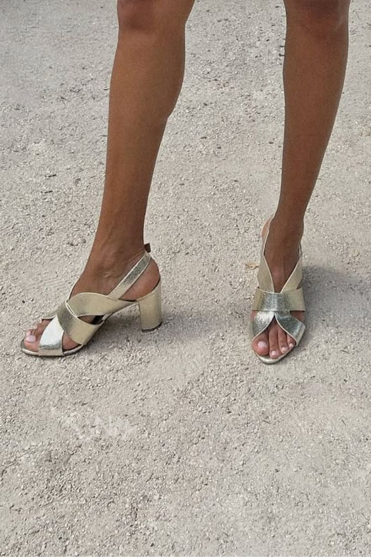 Champagne Gold Metallic Criss-cross Slingback Block Heels [Pre Order]