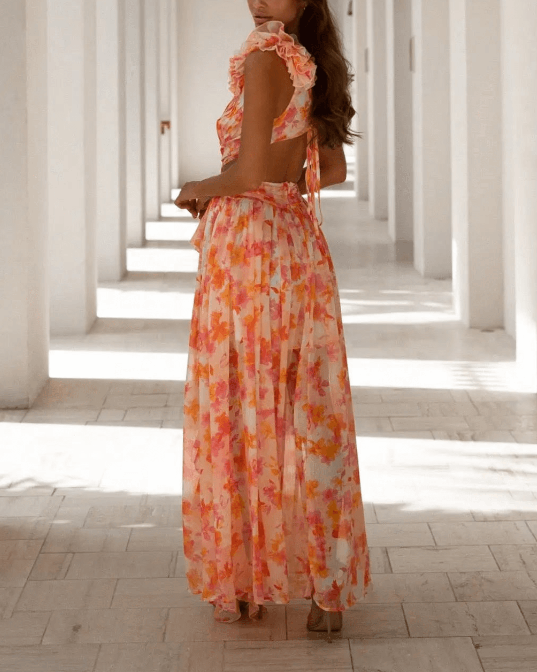 Floral Ruffle Detail Cut Out Back Lace-up Maxi Dress