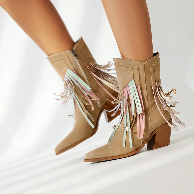 Multicolor Fringed Trim Zipper Pointed Toe Chunky Heel Western Boots