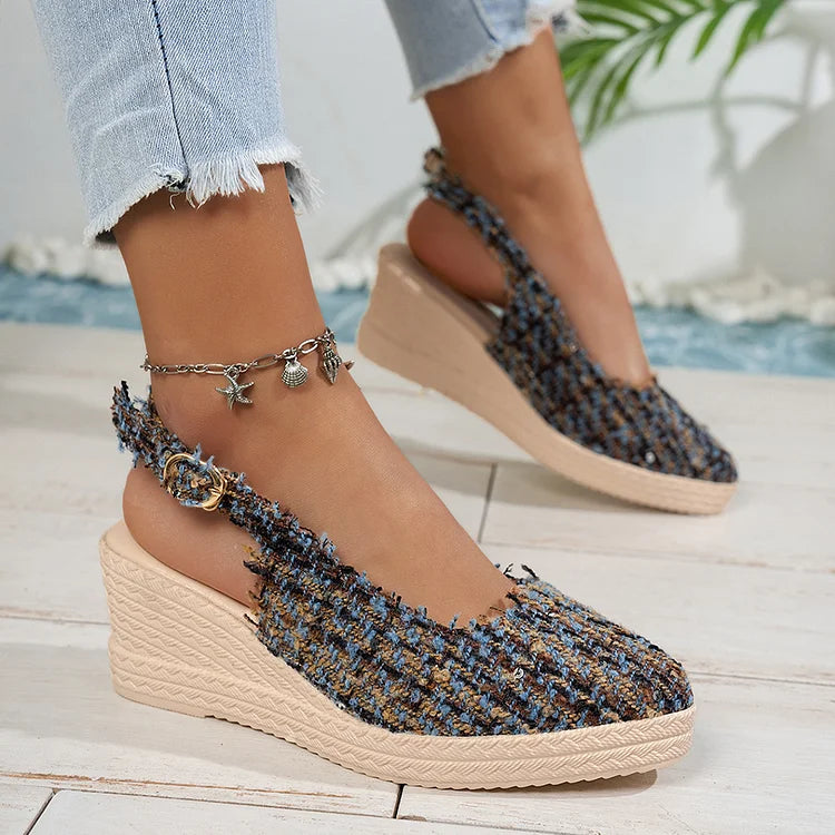 Raw Trim Pointed Toe Slingback Strap Buckle Wedge Sandals