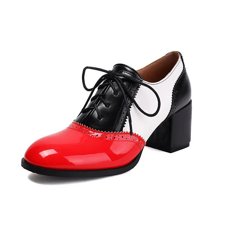 Lace Up Colorblock Round Toe Chunky Heel Brogue Oxfords