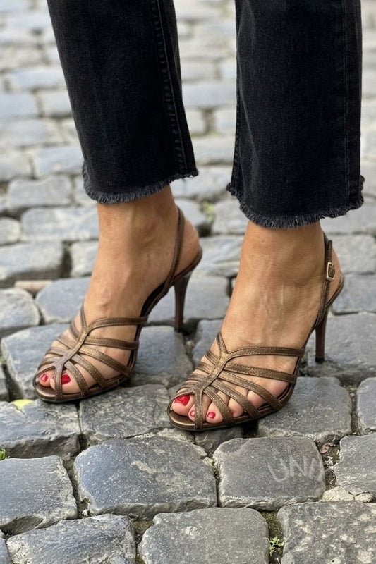 Bronze Strappy Open Toe Slingback Stiletto Heel Sandals [Pre Order]