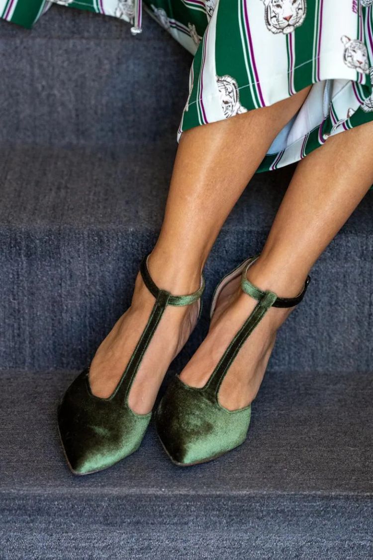 Chic Blue Velvet Pointed Toe T-Strap Block Heels [Pre Order]