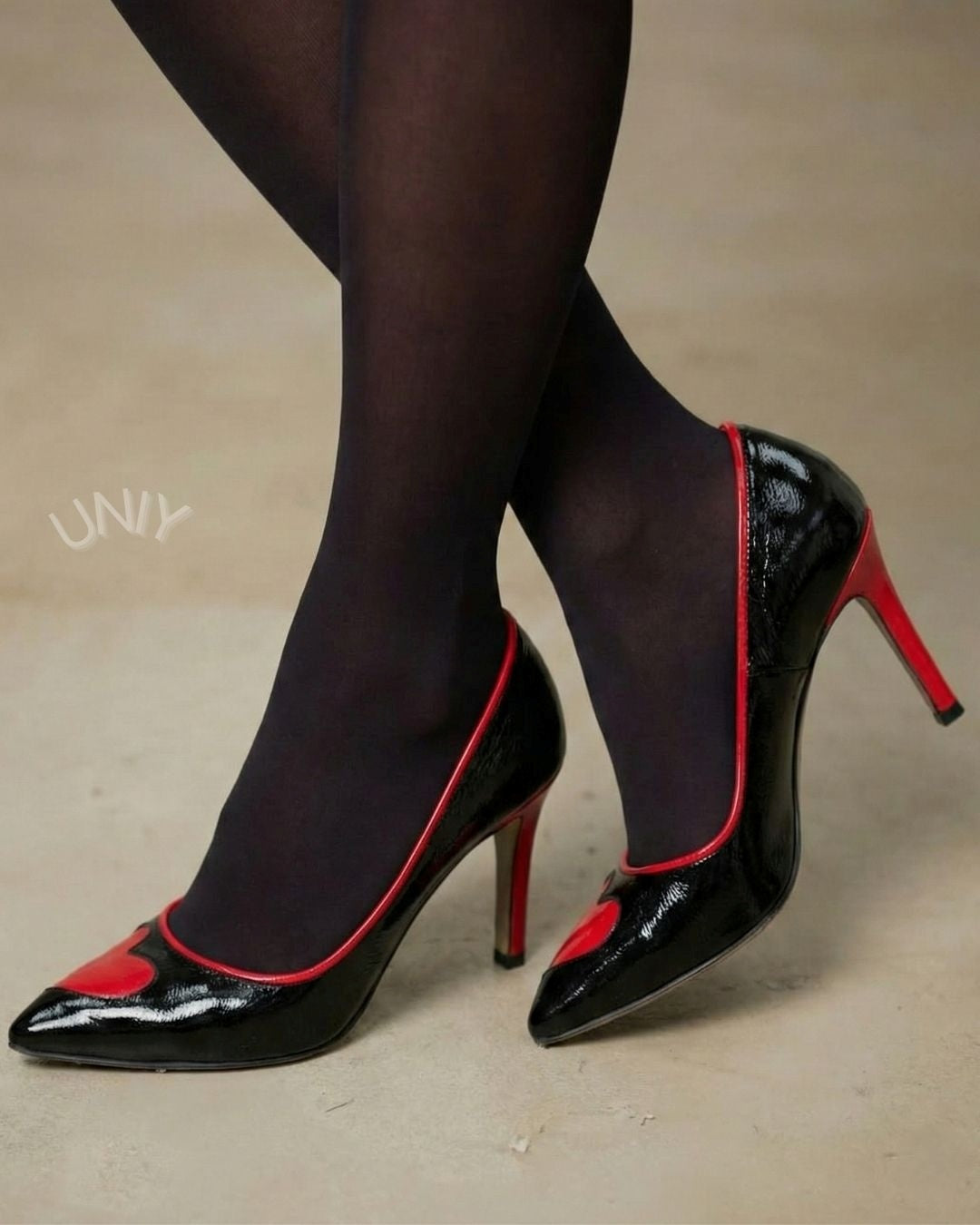 Black Red Contrast Patent Leather Heart Toe Stiletto Pumps [Pre Order]