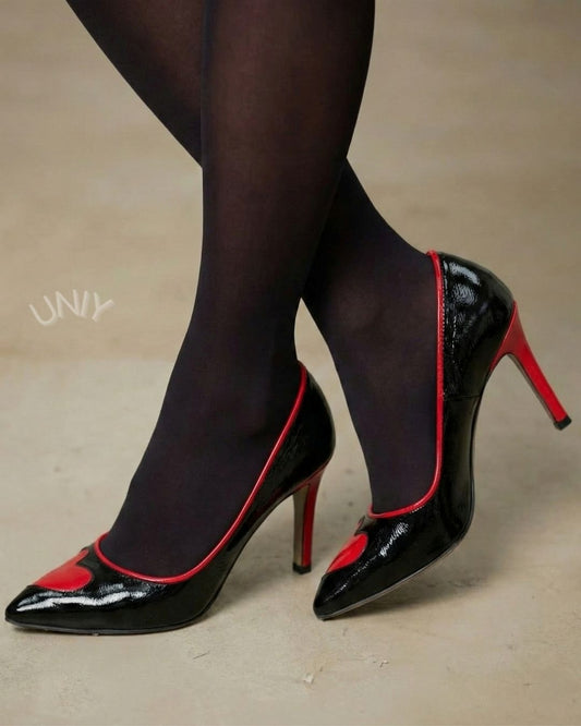 Black Red Contrast Patent Leather Heart Toe Stiletto Pumps [Pre Order]