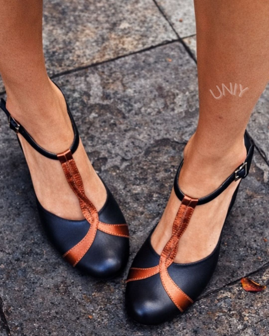 Chic Two Tone Leather Ankle Strap T-Bar Mid Heel Pumps [Pre Order]