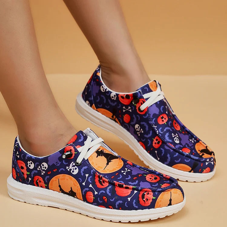 Halloween Element Pumpkin Ghost Skull Print Lace Up Canvas Casual Shoes