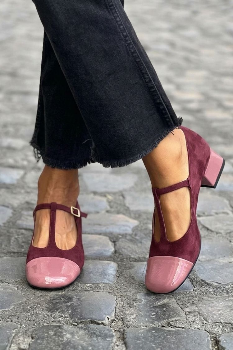 Colorblock T-Strap Buckle Round Toe Purple Chunky Heels
