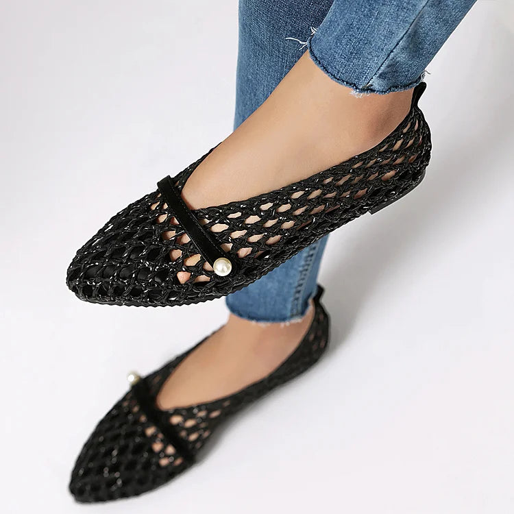 Patchwork Hollow Out Fishnet Instep Strap Pointed Toe Flats