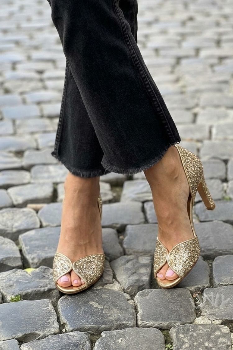 Elegant Gold Sparkly Peep Toe d'Orsay High Heels [Pre Order]