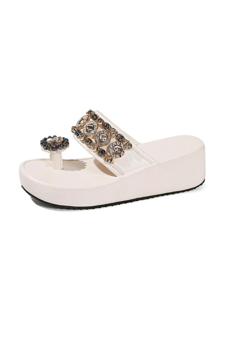 Ciabatte da spiaggia casual con zeppa, con perline metalliche lucide e decorazioni ad anello per le dita dei piedi