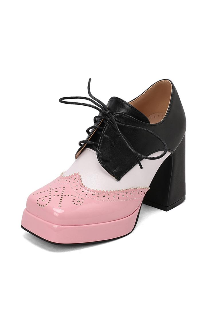 Scarpe con tacco grosso e plateau con lacci e punta quadrata in patchwork colorblock 