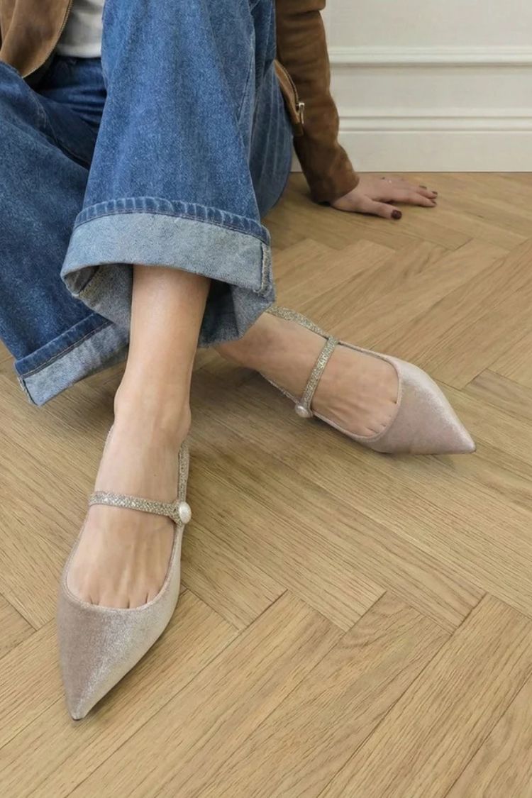 Pale Pink Velvet Pointed Toe Pearl Rhinestone Mary Jane Flats [Pre Order]