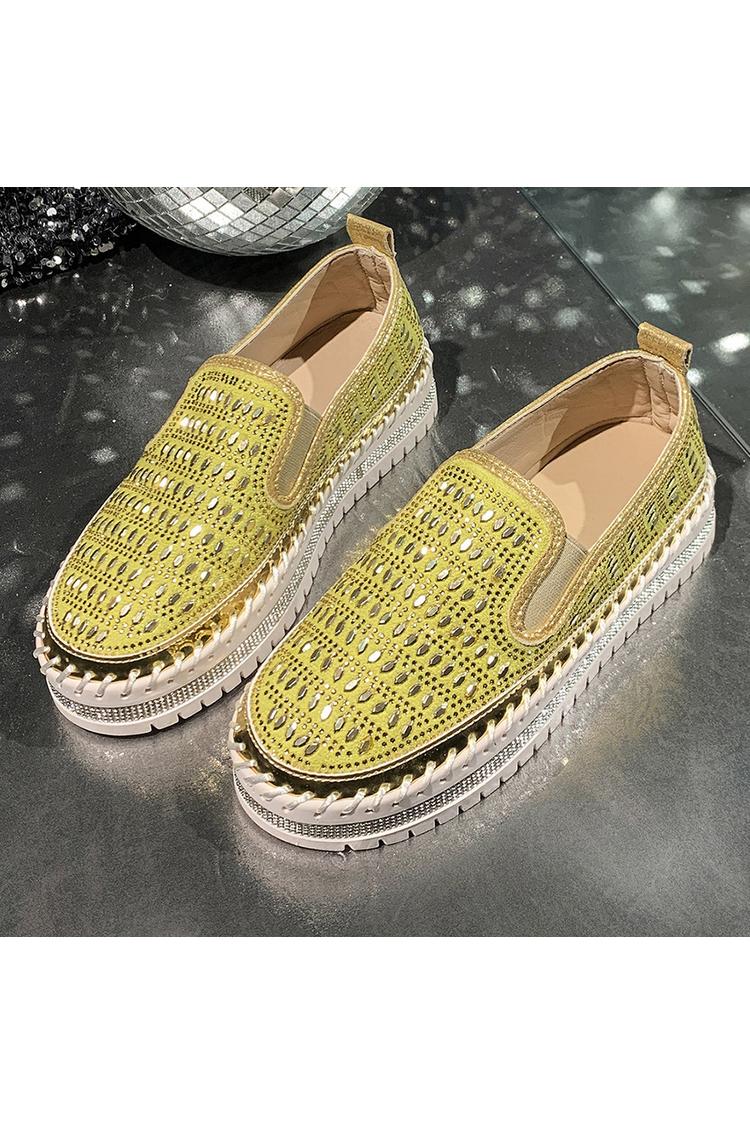 Strassverzierung Steppdetail Rundzehen Freizeit Plateau Loafers