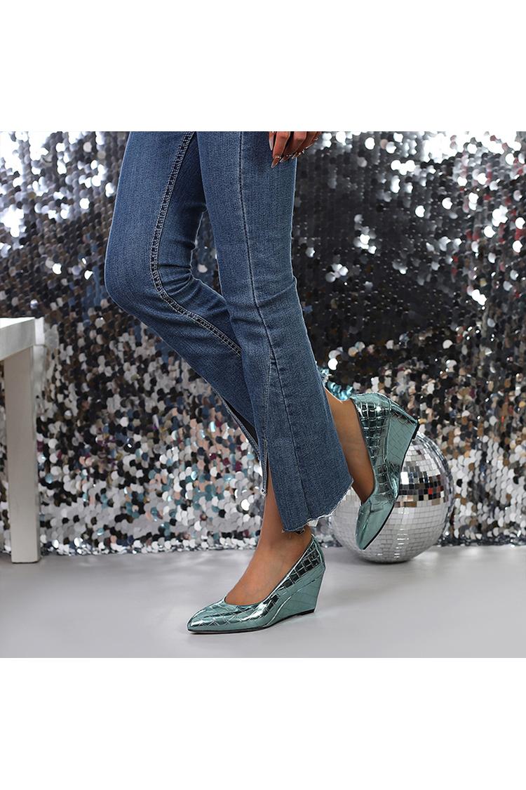 Zeppe con punta affilata, tinta unita, effetto metallizzato lucido, stampa coccodrillo