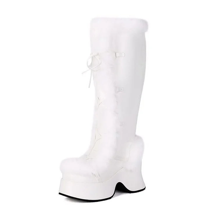 Fluffy Trim Lace Up Round Toe Chunky Heel Platform Snow Boots