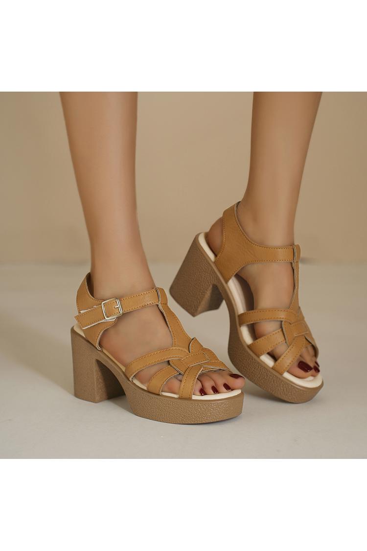 Sandali con tacco, punta tonda e fibbia, tinta unita, cinturino a T