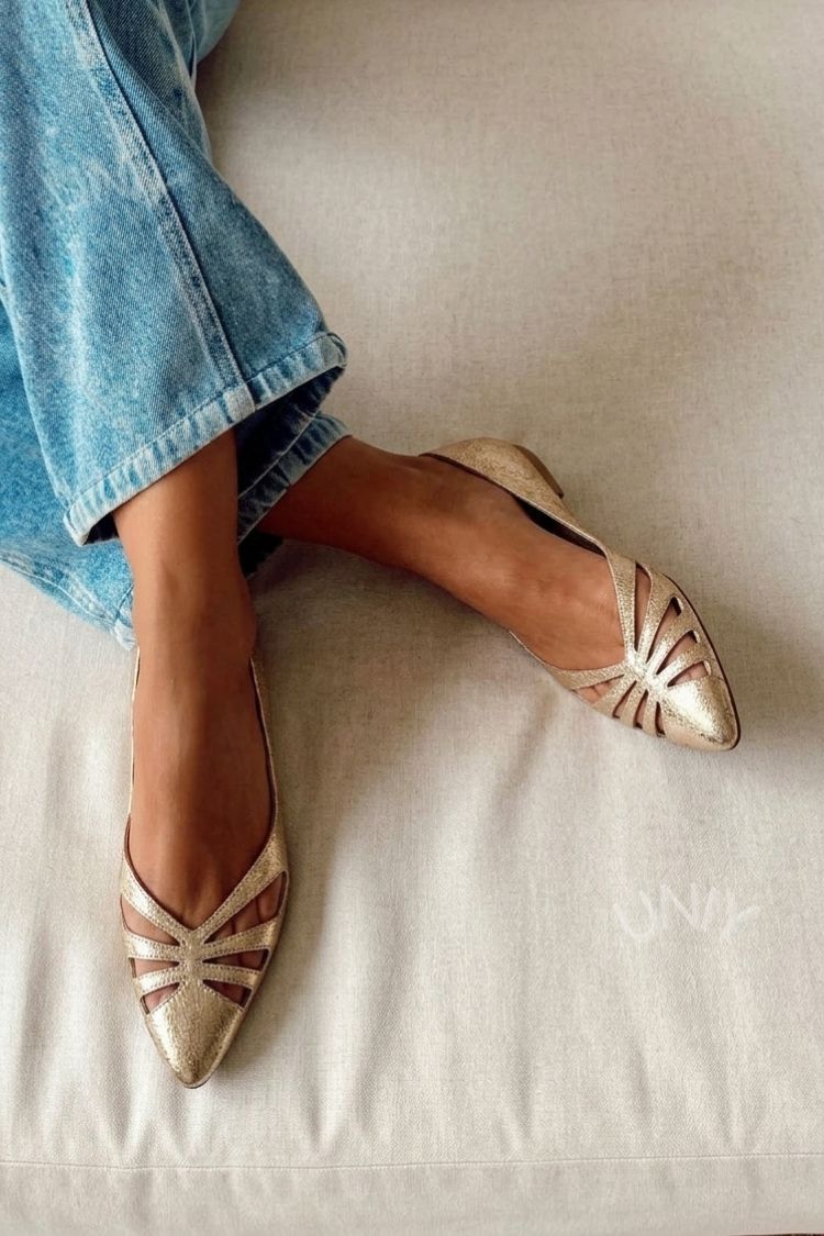 Metallic Gold Pointed Toe Radial Cut Out Flats [Pre Order]