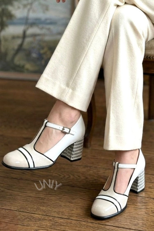 Chic White T-Strap Mary Jane Pumps Patterned Block Heels [Pre Order]