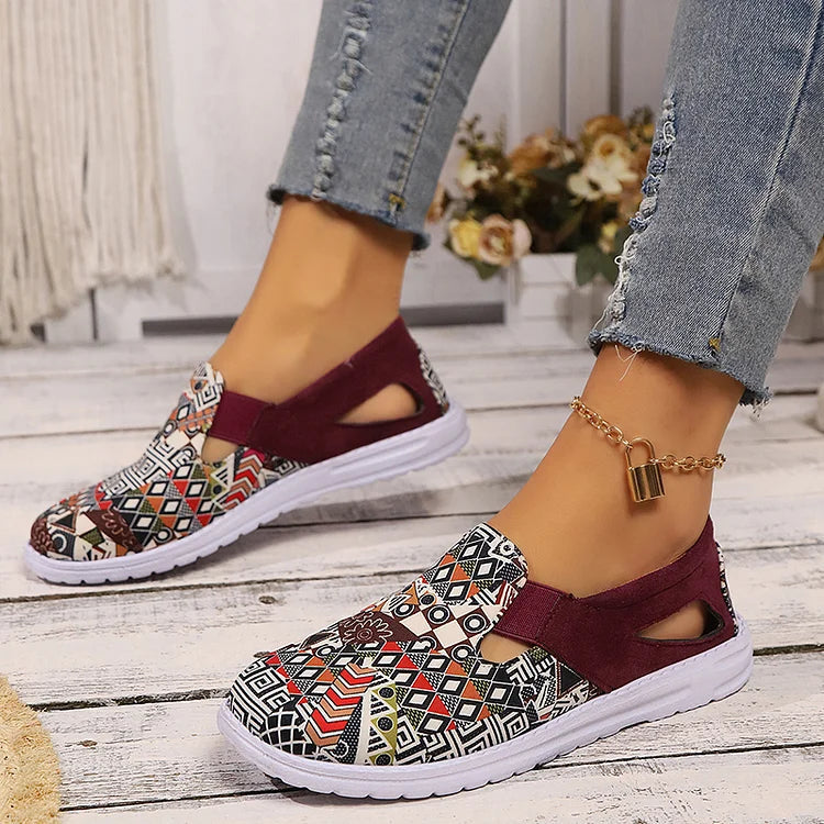 Ethnic Geo Pattern Print Cut Out Square Toe Slip On Loafers