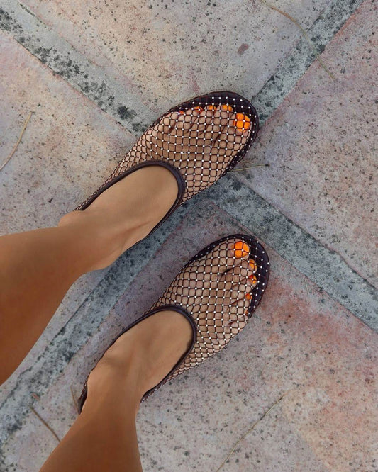 Retro Netzstrumpf Cutout Strass Slip-on Ballerinas [Vorbestellung]