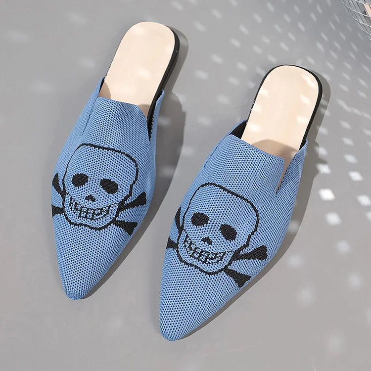 Casual Skull Print Pointy Toe Breathable Knit Mules