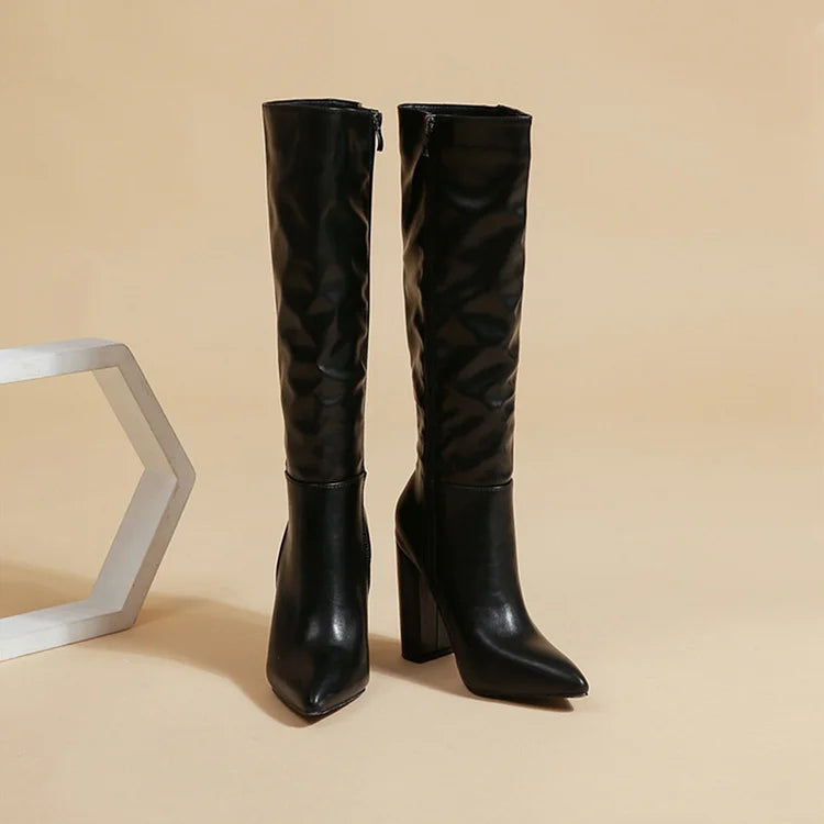 Patchwork Chunky Heel Solid Color Zipper Pointed Toe Knee High Boots