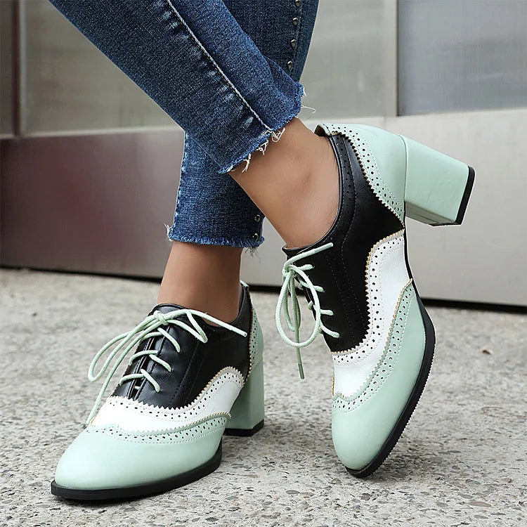 Scarpe Oxford Brogue con Tacco Grosso e Lacci, Punta Rotonda e Patchwork Color Block 