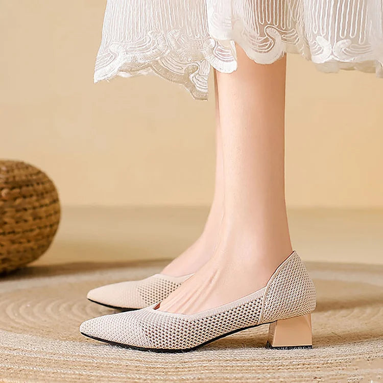 Knit Mesh Color Block Pointed Toe Elegant Chunky Heels