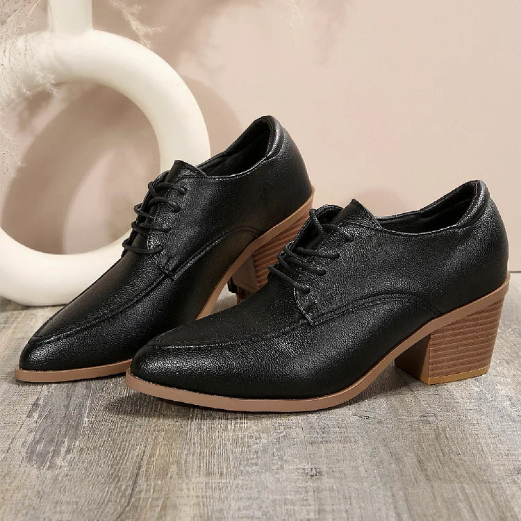 Patchwork Stitch Detail Pointed Toe Chunky Heel Lace Up Oxfords