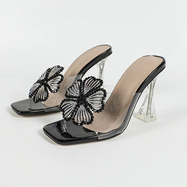 Colorblock Rhinestone Flower Decor Square Toe Sandal Heels