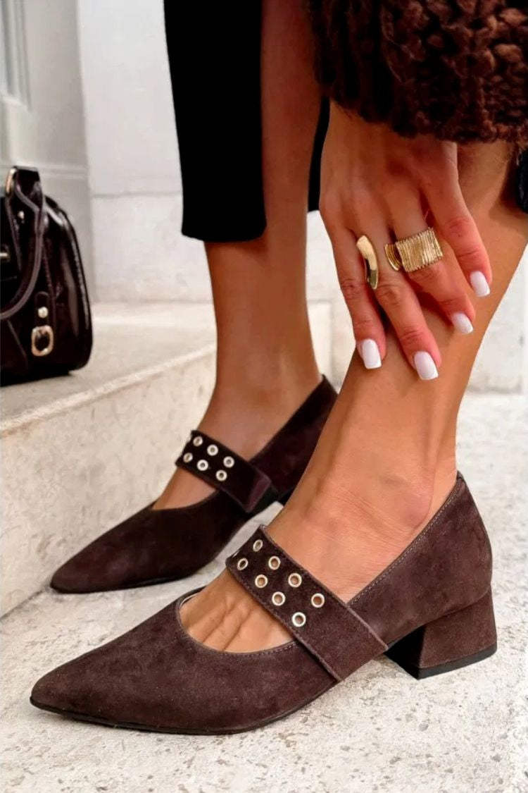 Coffee Pointed Toe Suede Wide Strap Low Block Heels [Pre Order]