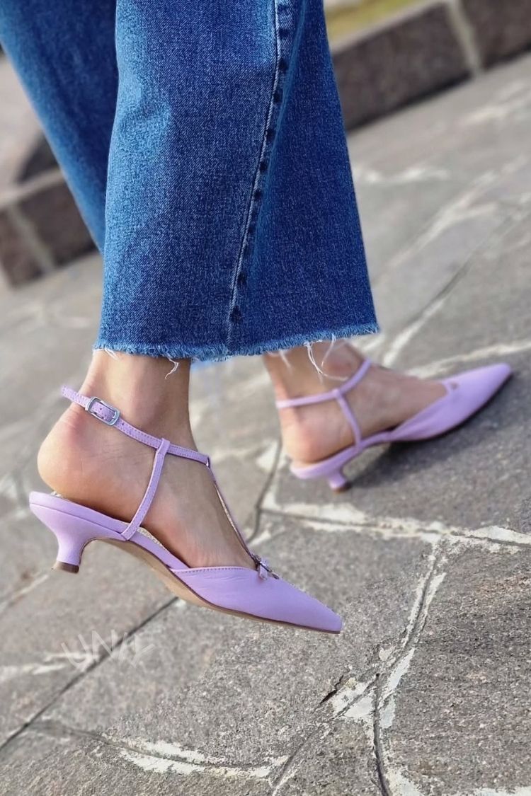 Scarpe con tacco a spillo, cinturino alla caviglia con fibbia e cinturino a T color lavanda viola [Pre-ordine]