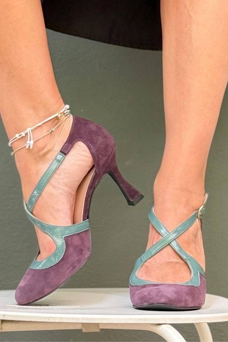 Suede Cross Strap Colorblock Purple Heels [Pre Order]