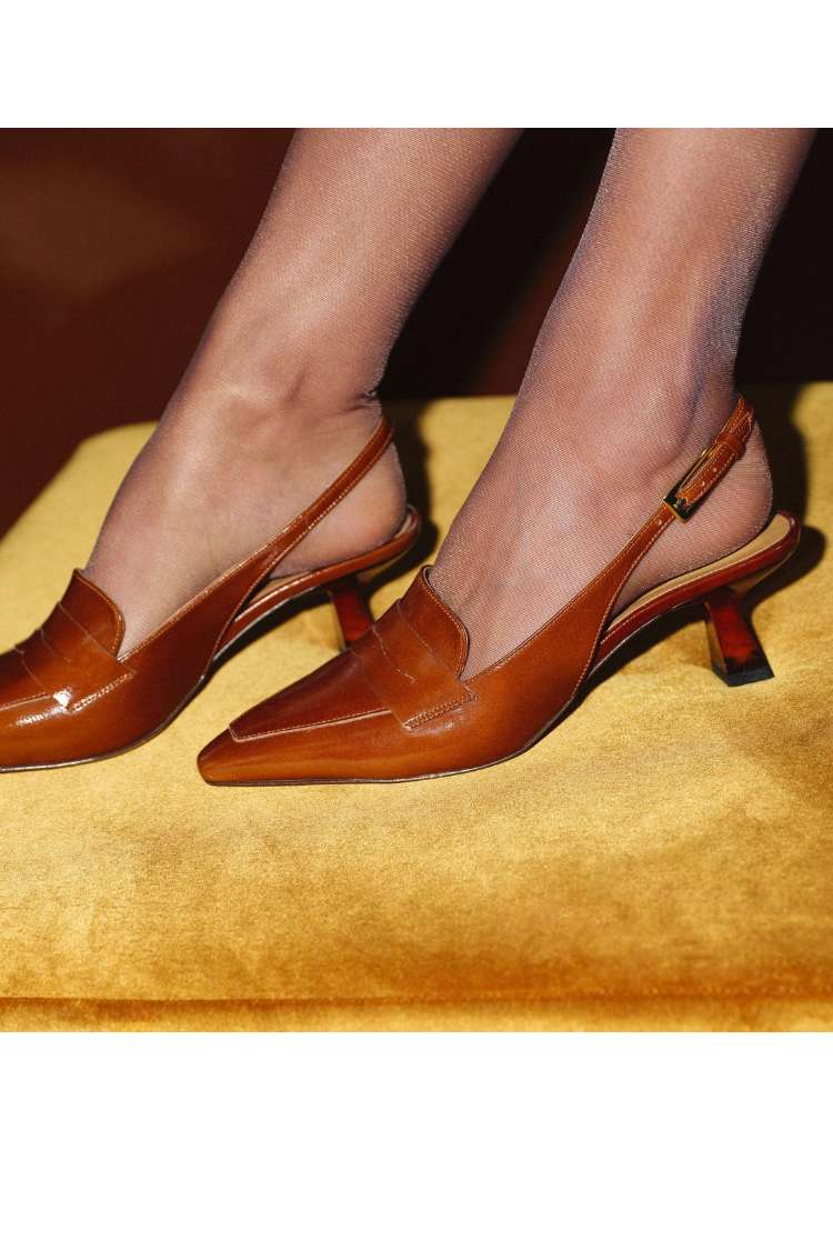 Leather Slingback Pointed Penny Loafer Kitten Heels [Pre Order]