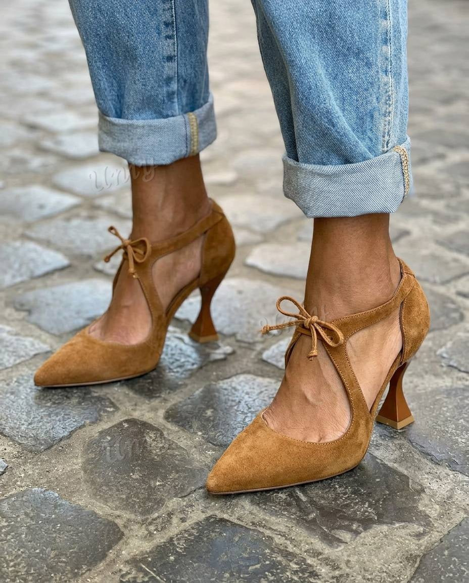 Suede Tie Front Pointed Toe Flared Heel Pumps [Pre Order]